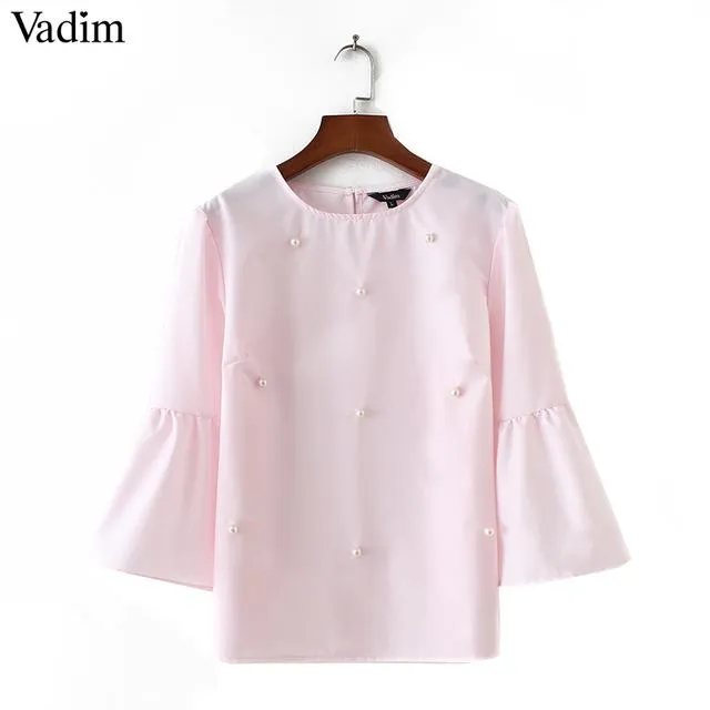 Women elegant pearls beading flare sleeve shirt O neck blouse three quarter sleeve summer brand casual tops blusas LT1799