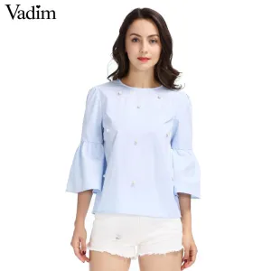 Women elegant pearls beading flare sleeve shirt O neck blouse three quarter sleeve summer brand casual tops blusas LT1799