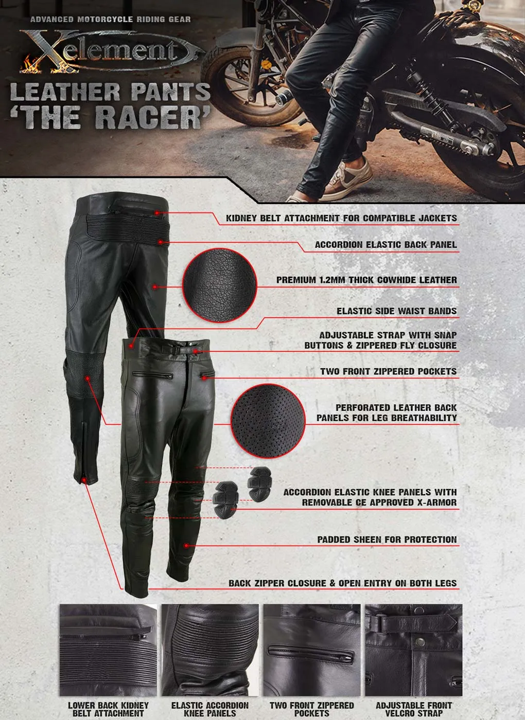 Xelement B7466 Men's 'The Racer' Black Cowhide Leather Racing Pants with X-Armor Protection